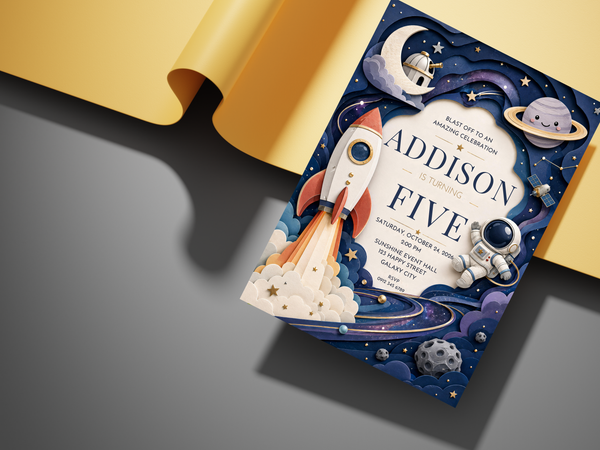 Cosmic birthday invitation template in navy and midnight blue with a rocket, astronaut, crescent moon and celestial motifs.