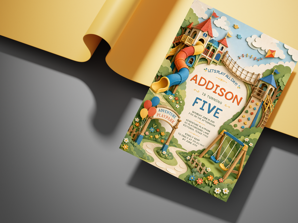 Editable kids birthday invitation with a colorful playground theme, combining illustrated slides, swings, climbing wall, rope bridge, flowers, trees, and clouds.