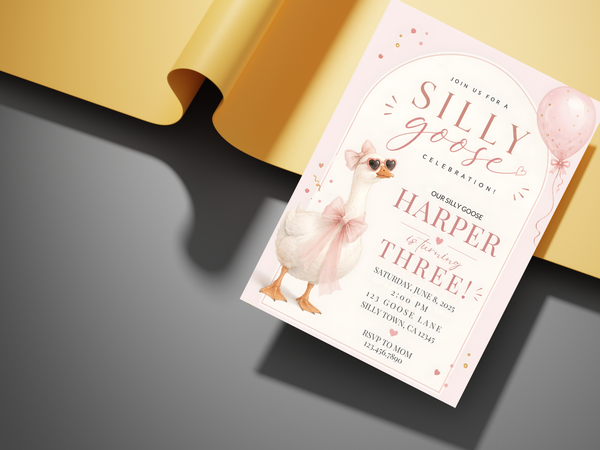 Silly Goose birthday invitation template — alternate product view 8 with the white goose theme, pink accents and cheerful birthday celebration design.