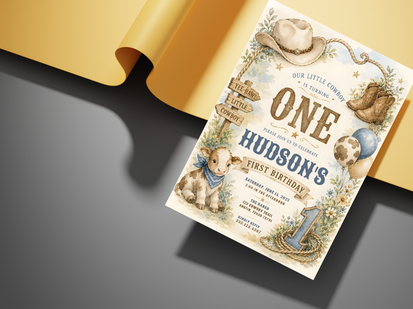 Rustic western birthday invitation template with cream paper tones, tan and brown cowboy elements, muted blue accents and floral details.