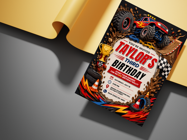 Monster truck birthday invitation template in a red, black, orange and yellow palette with racing flags, tires, flames and truck graphics