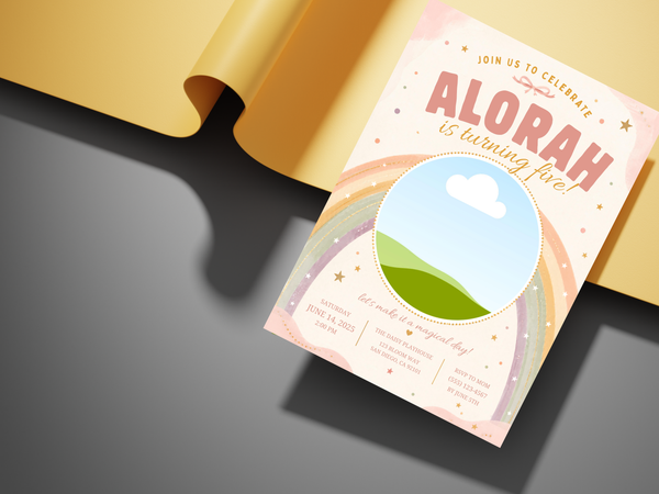 Rainbow birthday party invitation template with warm peach background, pastel rainbow colors, green rolling hills, blue sky, white cloud, and star accents