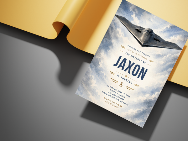 Airplane birthday party invitation template with realistic jet artwork, blue and white watercolor clouds, navy typography and gold accents.