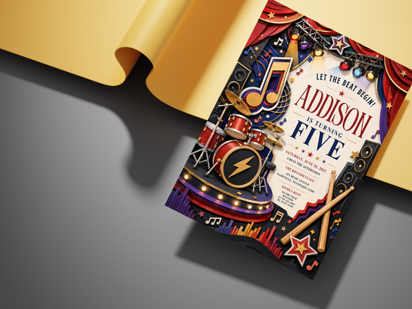 Concert themed birthday invitation for kids with red curtains, navy background, colorful spotlights, musical instruments, stars and music-note accents.