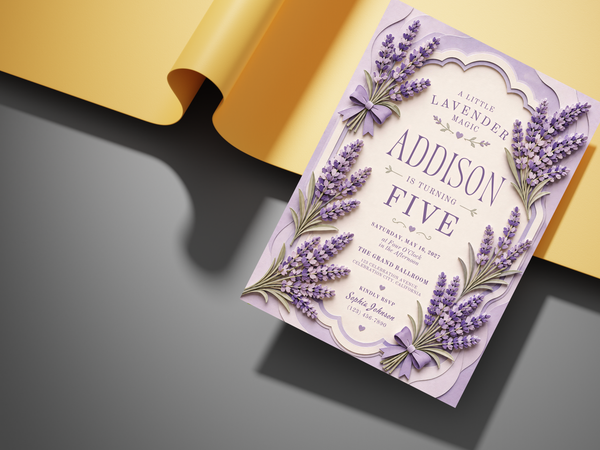 Lavender floral birthday invitation template shown in product image 20, featuring purple lavender sprigs, cream and muted green tones, floral framing, and customizable celebration text.