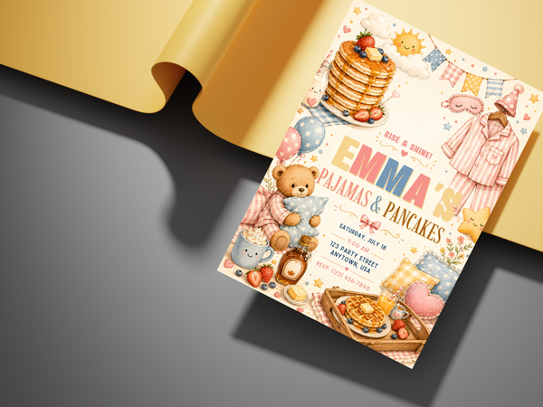 Pajamas & Pancakes sleepover invitation template with teddy bear, striped pajamas, sleep mask and breakfast motifs in a soft storybook palette.