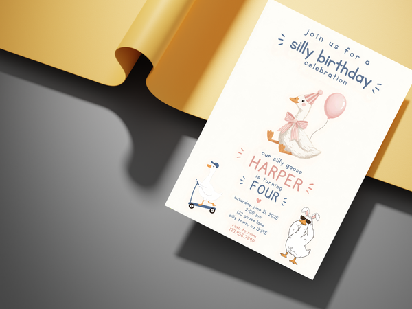 Whimsical watercolor birthday invitation product image centered on a silly goose theme with pastel blue, pink, peach, and yellow visual accents.