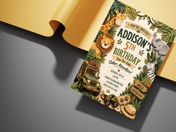 Editable safari birthday invitation preview with bold hand-lettered typography, jungle foliage, wild animals and adventure-themed decorative elements.