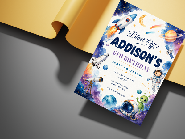 Colorful space adventure invitation artwork for a child’s birthday featuring watercolor celestial objects and rocket themed details