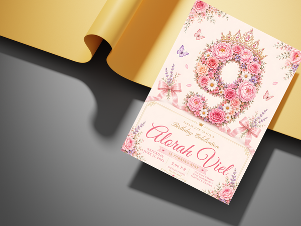 Pastel floral birthday invitation artwork with pink roses, purple accents, jeweled crown, butterflies, and elegant calligraphy