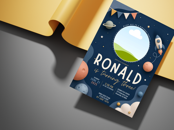Space-themed birthday invitation template with a rocket, orbit trail, planets, stars, and personalized party information.