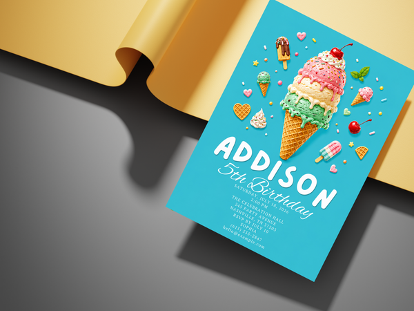 Portrait ice cream birthday invitation template showing a colorful ice cream cone, dessert accents and personalized celebration text.