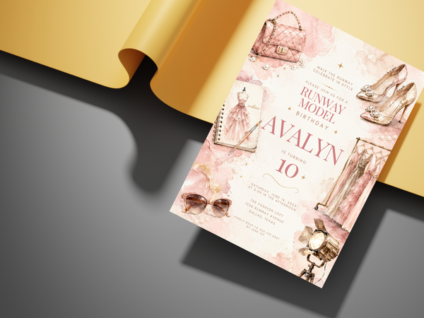 Editorial fashion birthday invite featuring sparkling shoes, stylish dresses, handbag, sunglasses and elegant champagne-gold typography