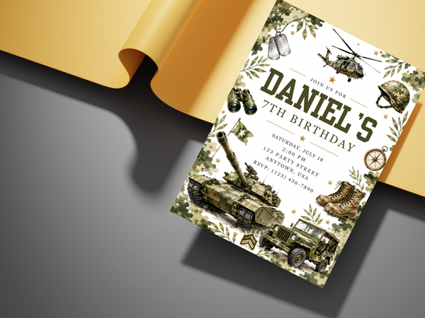 Army birthday party invitation template with military helicopter, helmet, dog tags, compass, and vintage camouflage foliage