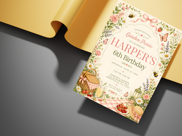Garden Picnic birthday invite template with butterflies, bees, floral watercolor artwork, picnic basket and garden lantern details.