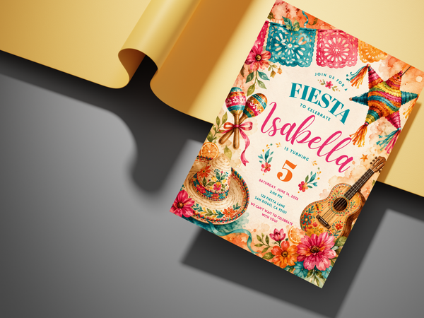 Fiesta birthday invitation design in a vibrant multicolor palette with teal, coral, pink, orange and yellow decorative details.
