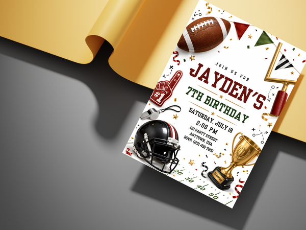 Game-day football birthday invitation template with sporty typography, field yard lines, pennants, stars, helmet, trophy, and whistle