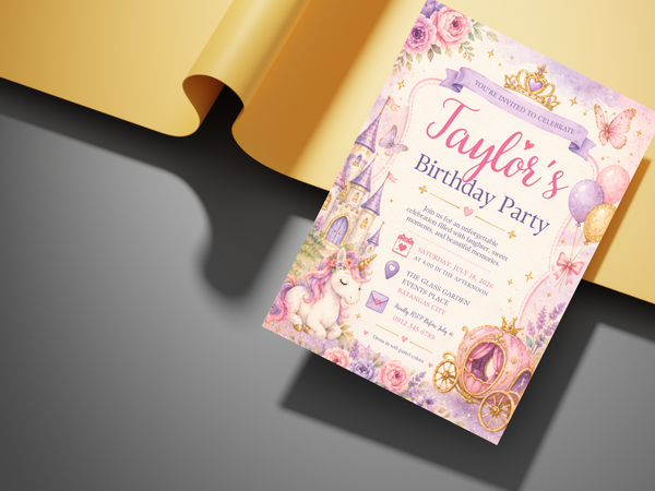 Princess unicorn party invitation artwork in soft pink, lavender, cream, and gold with butterflies, roses, balloons, and fairytale motifs.