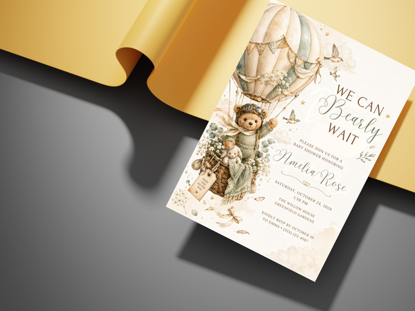 Teddy bear baby shower invitation artwork in a soft cream, sage green, blush pink and warm tan watercolor palette