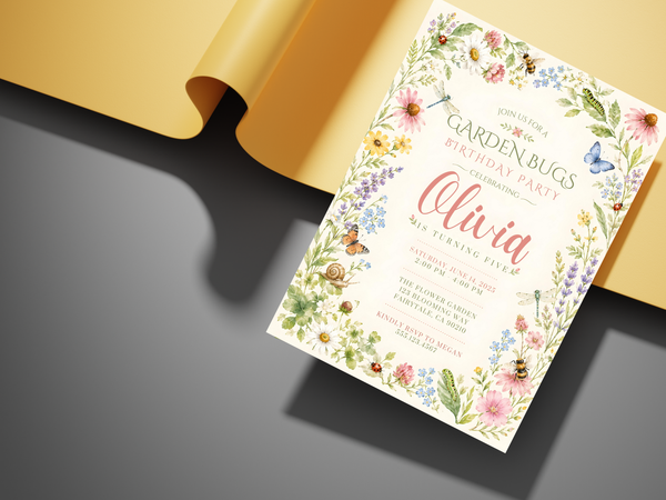 Butterfly and floral birthday invitation template in a whimsical watercolor style with garden greenery and delicate insect details.