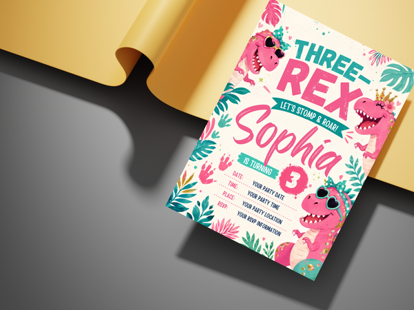 Playful dinosaur birthday invite template with pink dinosaurs, tropical leaves and bright confetti