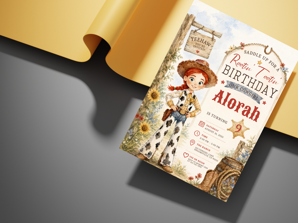 Kids Jessie cowgirl birthday invitation design with western character artwork, cowboy hat, flowers, stars and rustic accents.