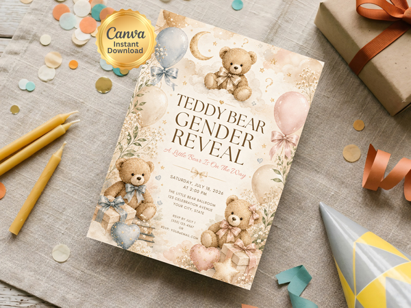 Soft neutral baby gender reveal invitation featuring teddy bears, balloons, presents and delicate botanical details in a warm beige and blush color palette.