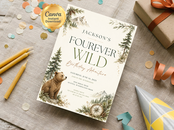 Watercolor woodland birthday invitation with a brown bear, pine trees, compass and rustic nature styling
