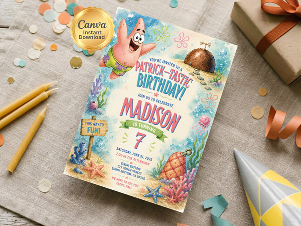 SpongeBob Patrick Star party invitation template in portrait format with hand-painted underwater details, bright ocean colors, coral, starfish, and jellyfish.