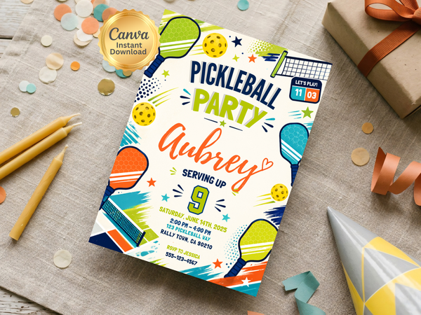 Pickleball birthday invitation design with a scoreboard motif, court net illustration, paddles, balls and bright sporty colors.