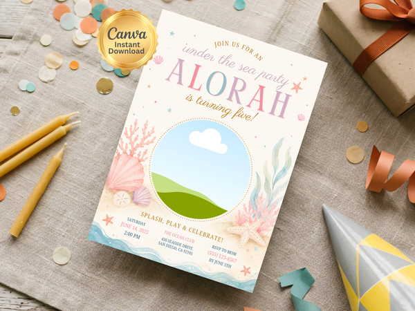 Pastel seashell and starfish birthday invitation design for an Under the Sea party, presented as an editable digital template.