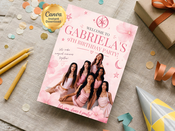 Pink girl birthday invitation design with group-photo styling, stars, hearts and elegant party details