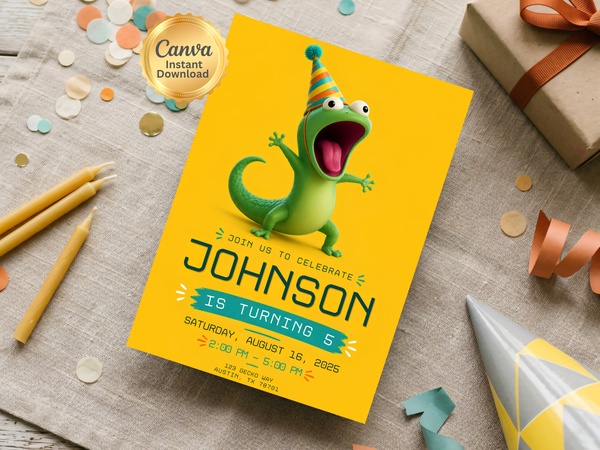 Kids birthday invitation template inspired by Hoppers, featuring Tom Lizard, colorful party details, and a cheerful yellow composition.