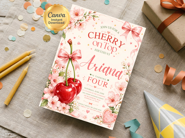 Cherry on Top birthday party invitation with red cherries, pink flowers and delicate ribbon bows