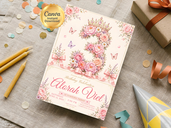 Princess party invitation design with soft pink roses, floral garlands, crown imagery, butterflies, and romantic typography.