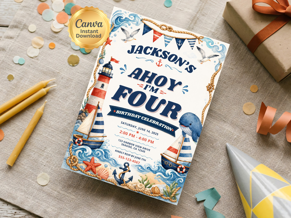 Coastal birthday invitation design with rope border, anchor, starfish, waves and seaside illustrations