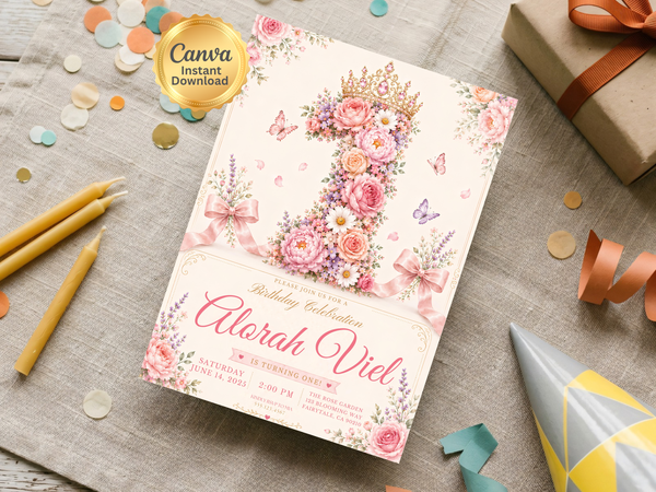 Pastel floral birthday invitation template featuring butterflies, roses, lavender blossoms, a jeweled crown, and graceful script for a whimsical celebration.