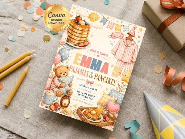 Kids breakfast birthday invitation featuring watercolor pancakes, waffles, berries, stars, clouds and teddy bear party artwork in portrait format.
