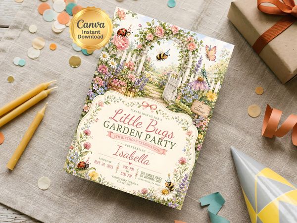 Little Bugs Garden Party invitation detail with watercolor roses, daisies, greenery, butterflies, bees, and a soft pastel palette