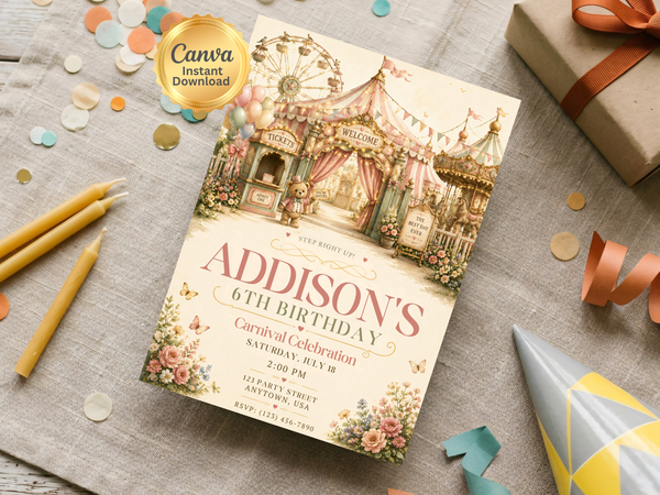 Storybook carnival birthday invitation design with pastel fairground scenery, teddy bear, butterflies, flowers, and elegant pink and gold accents
