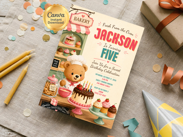 Editable teddy bear baby shower invitation template with elegant script typography, watercolor nursery imagery, florals, greenery, and hot air balloon details.