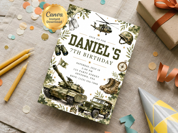 Boot camp birthday invitation artwork with military equipment, combat boots, binoculars, tank, jeep, and olive green watercolor accents
