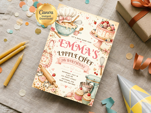Editable Canva Little Chef birthday invitation showing a playful baking party composition with cupcakes, cake, rolling pin, whisk, and cookies.