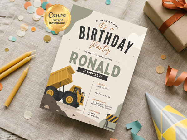 Construction birthday invite design with dump truck artwork, building-site elements, roadwork details, warm neutral colors, and bold modern party typography.