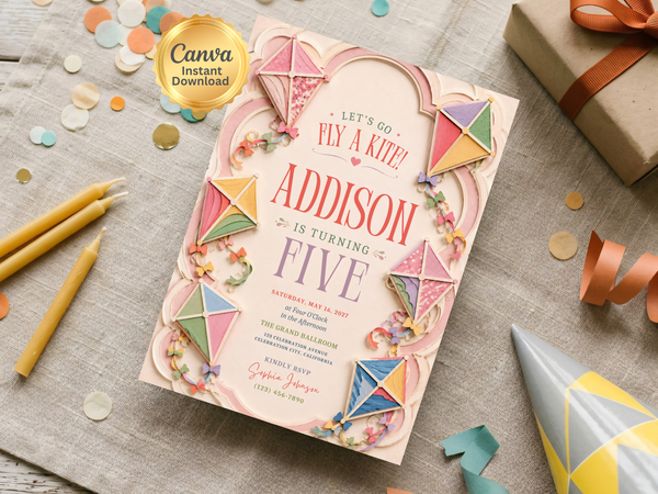 Playful children's kite birthday invitation with floral motifs, ribbons, confetti and colorful kite shapes