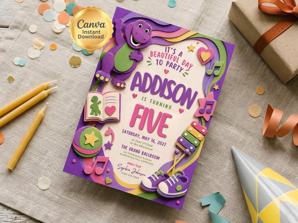 Kids dinosaur birthday invitation artwork in a colorful dimensional style with a purple dinosaur, green belly, hearts, stars and music-themed details.