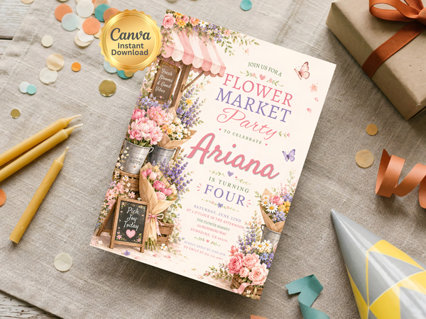 Flower Market birthday invitation flat-laid with florals and party favors