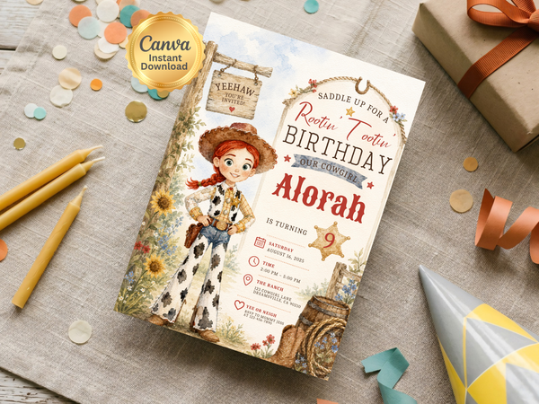 Western ranch Jessie cowgirl birthday invitation template with cowgirl illustration, rope details, wood textures and warm country colors.