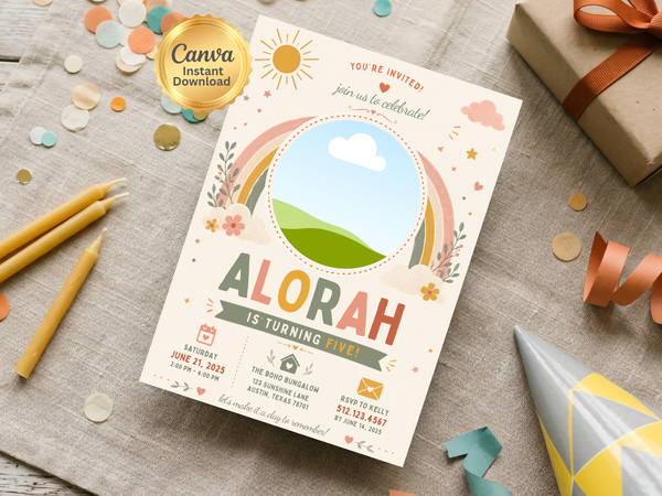 Boho rainbow party invitation showing the illustrated rainbow landscape, sun and clouds, floral accents, and playful birthday typography.