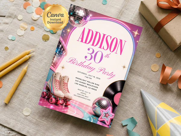 Roller disco birthday invitation design combining retro skating imagery, mirrored disco balls, vinyl music details, neon accents and colorful stars.